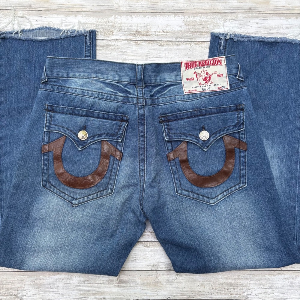 Y2K True Religion Billy Jeans 36 Blue Leather Horseshoe Faded Raw Hem Skater‎